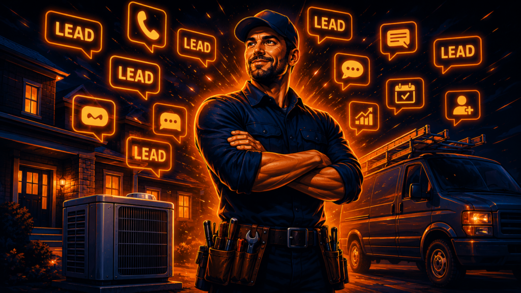 Contractor with crossed arms and tools, surrounded by glowing "LEAD" icons, symbolizing Answer Engine Optimization