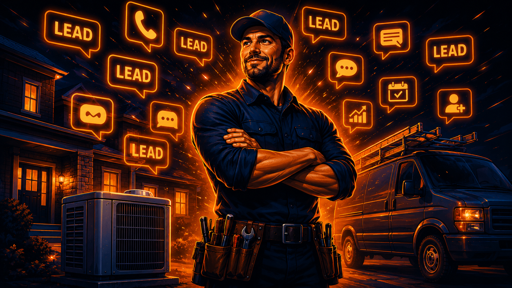 Contractor with crossed arms and tools, surrounded by glowing "LEAD" icons, symbolizing Answer Engine Optimization