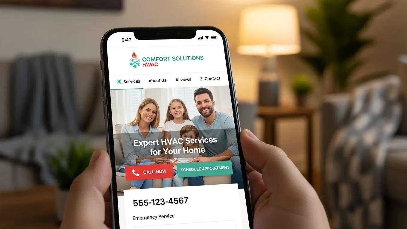 Mobile-optimized HVAC service website displayed on a smartphone