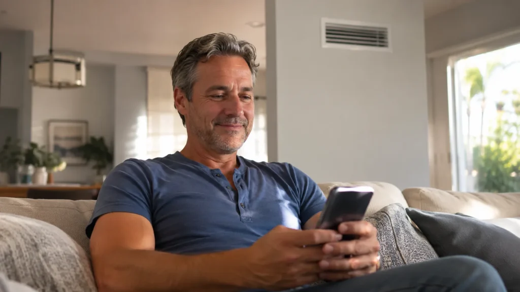 Man smiling while looking at his smartphone, illustrating automated review collection strategies for HVAC businesses