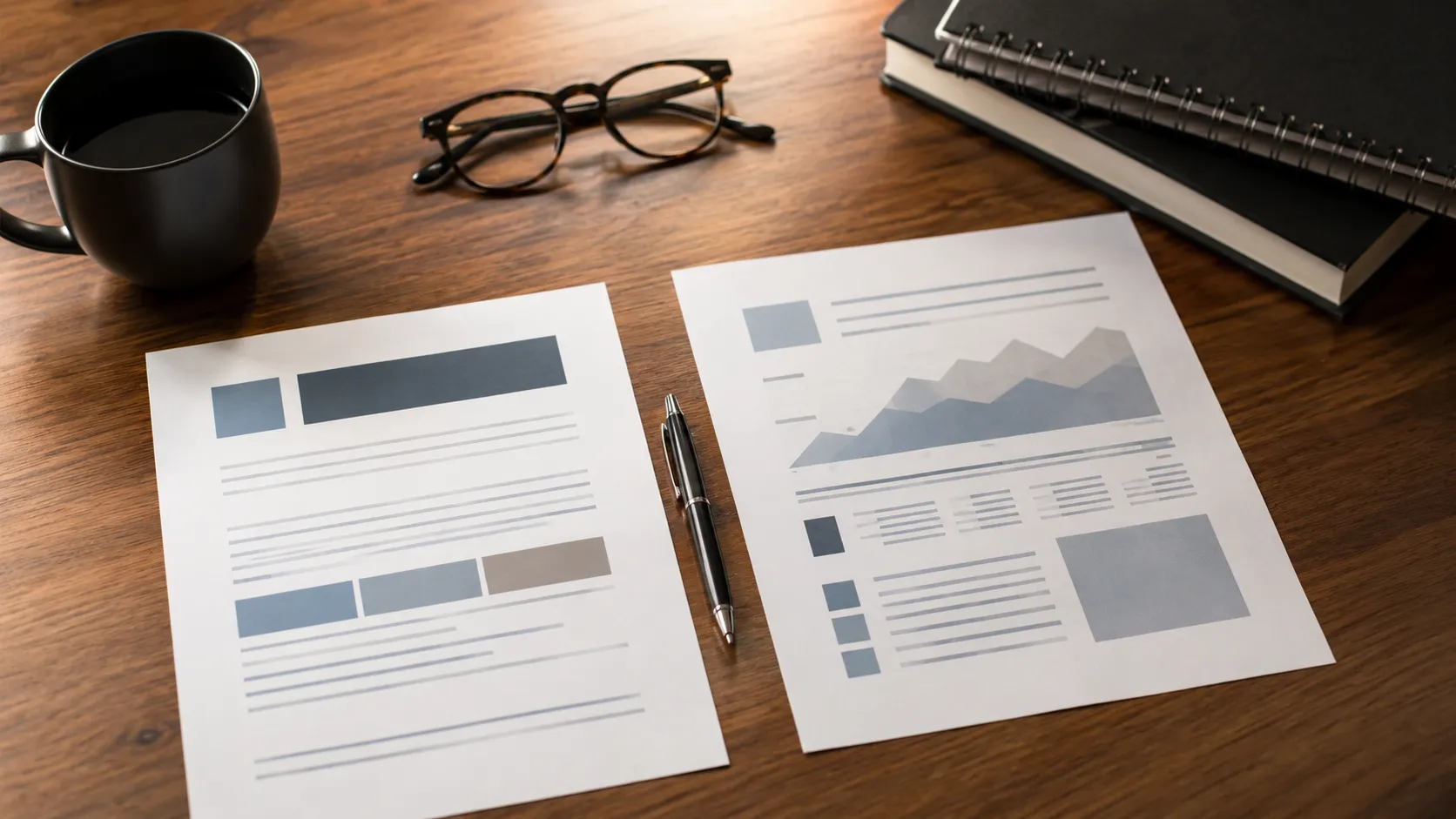 Documents with graphs and data analysis on a wooden desk, accompanied by a cup