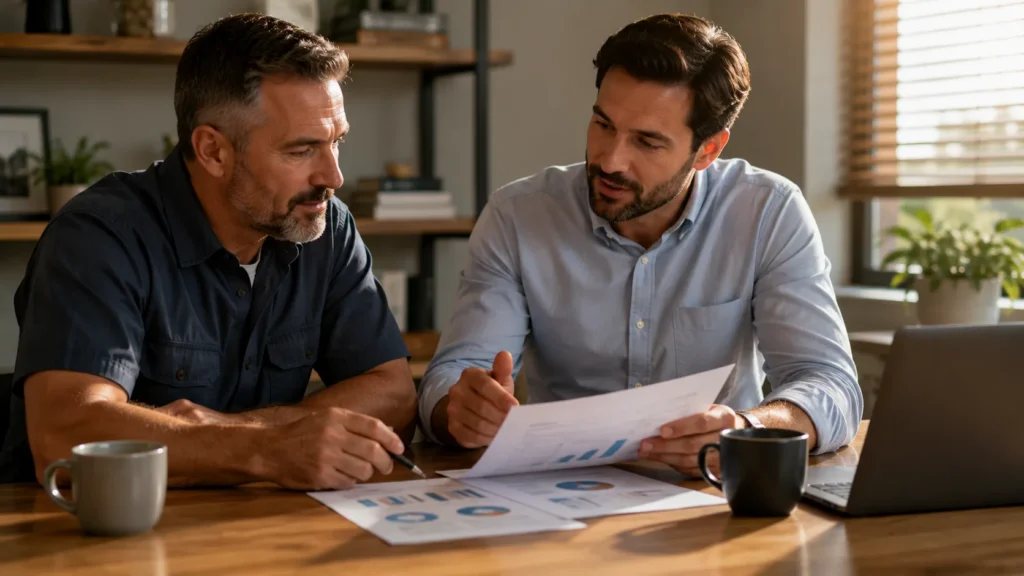 Two HVAC contractors discussing a detailed SEO audit report with charts and graphs, emphasizing strategies