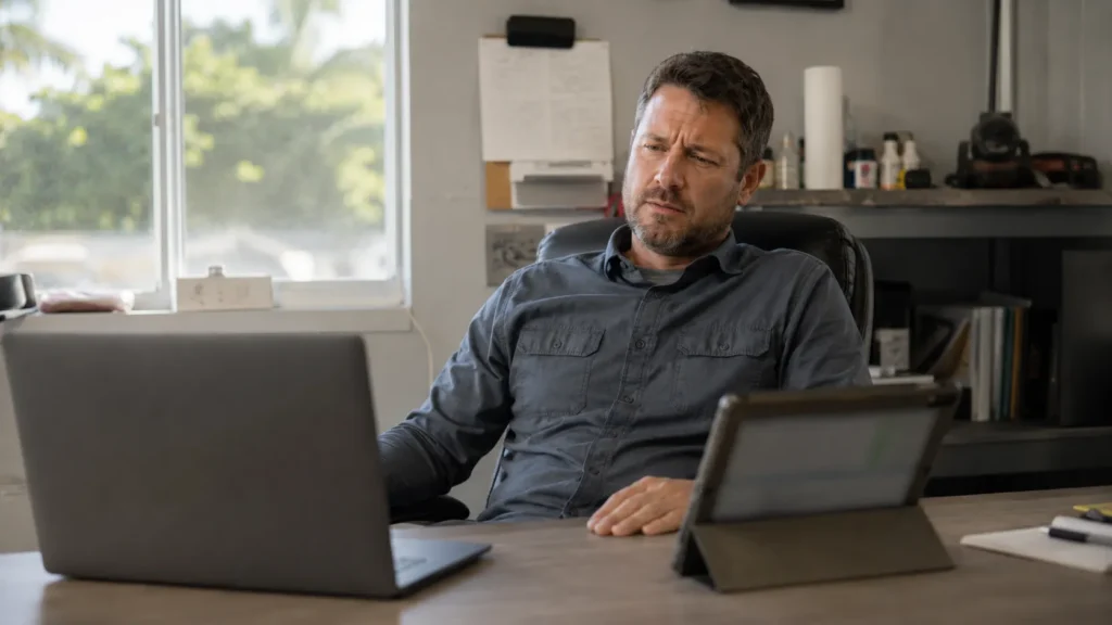 HVAC contractor in Tampa, Florida, thoughtfully reviewing AI tools and SEO strategies on a laptop