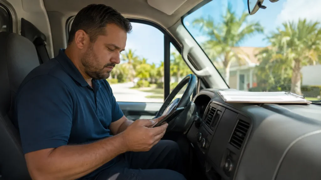 HVAC technician in a service van checking his smartphone, illustrating the importance of mobile accessibility