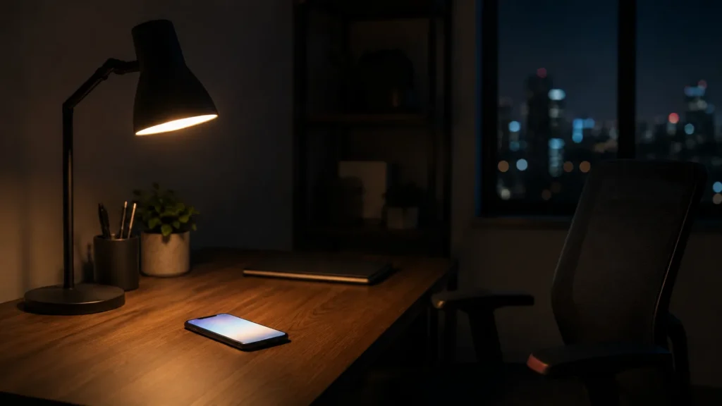 Desk lamp illuminating a smartphone, symbolizing AI automation capturing HVAC leads after hours in Tampa