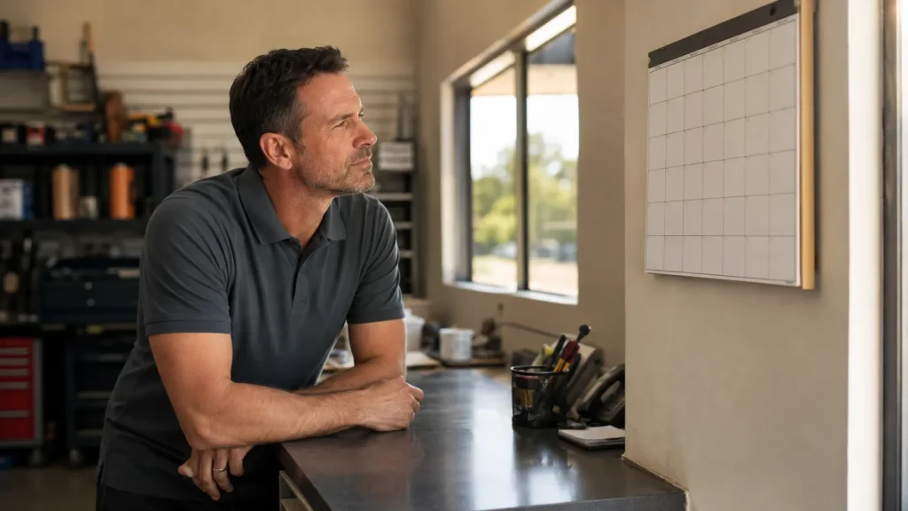 Man in a gray polo shirt thoughtfully looking at a blank calendar on the wall