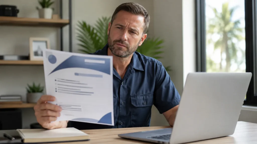 Man reviewing a document while sitting at a desk with a laptop, illustrating the importance