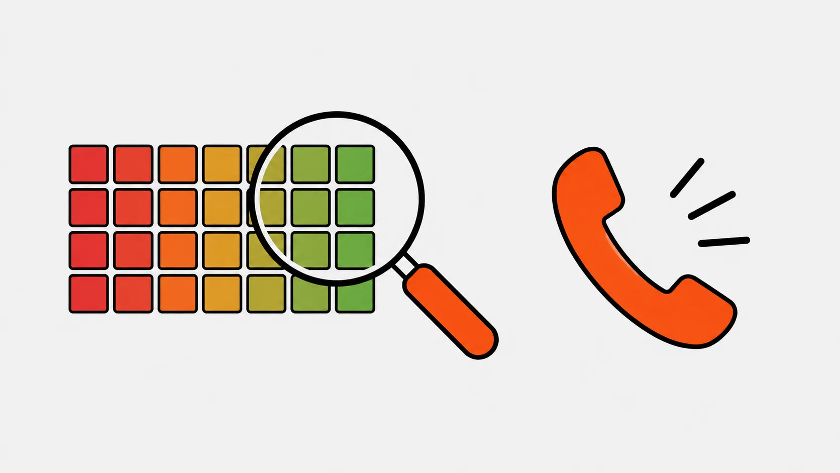 Graphic illustrating a magnifying glass over a grid of colored squares and a ringing phone