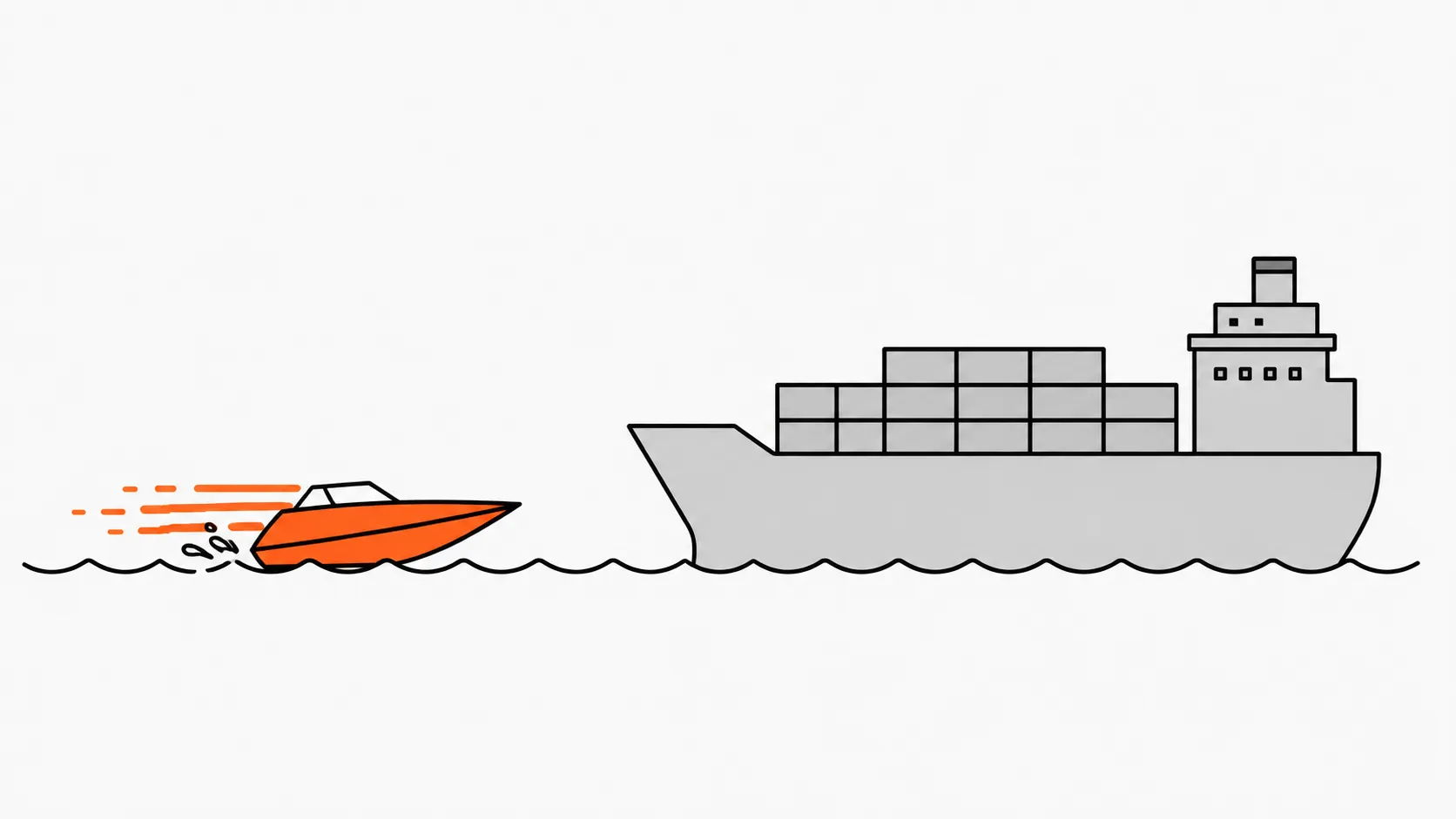 Illustration depicting a small, fast boat overtaking a much larger cargo ship, symbolizing outperforming larger