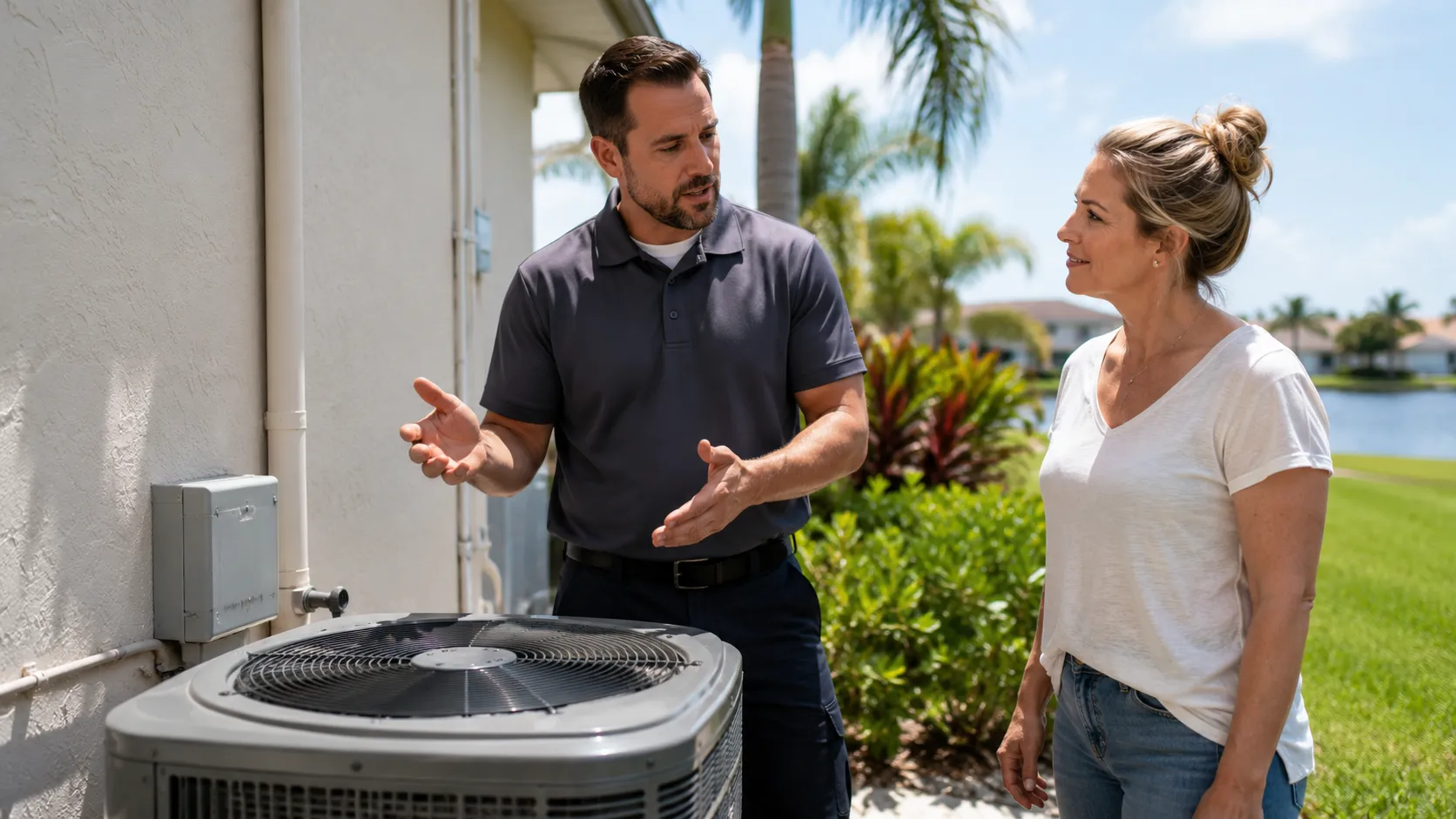HVAC technician explaining air conditioning unit features to a homeowner outside, emphasizing effective communication
