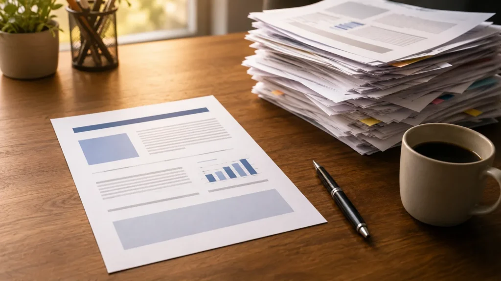 Stack of papers with charts and graphs illustrating HVAC SEO success metrics for monthly review