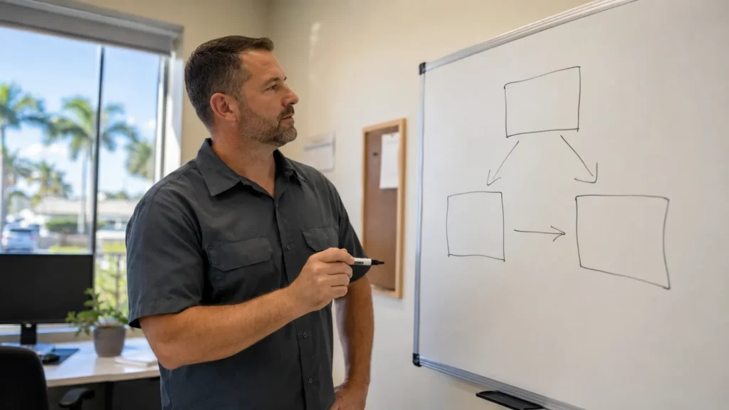 Joe Susa&ntilde;a, Lightning Leads Pro founder, presents a marketing strategy diagram on a whiteboard, illustrating