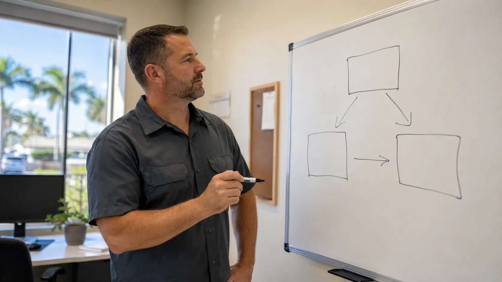 Joe Susaña, Lightning Leads Pro founder, presents a marketing strategy diagram on a whiteboard, illustrating