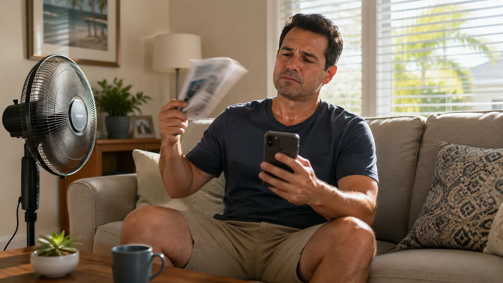 Man sitting on a couch in a well-lit living room, using a smartphone while holding