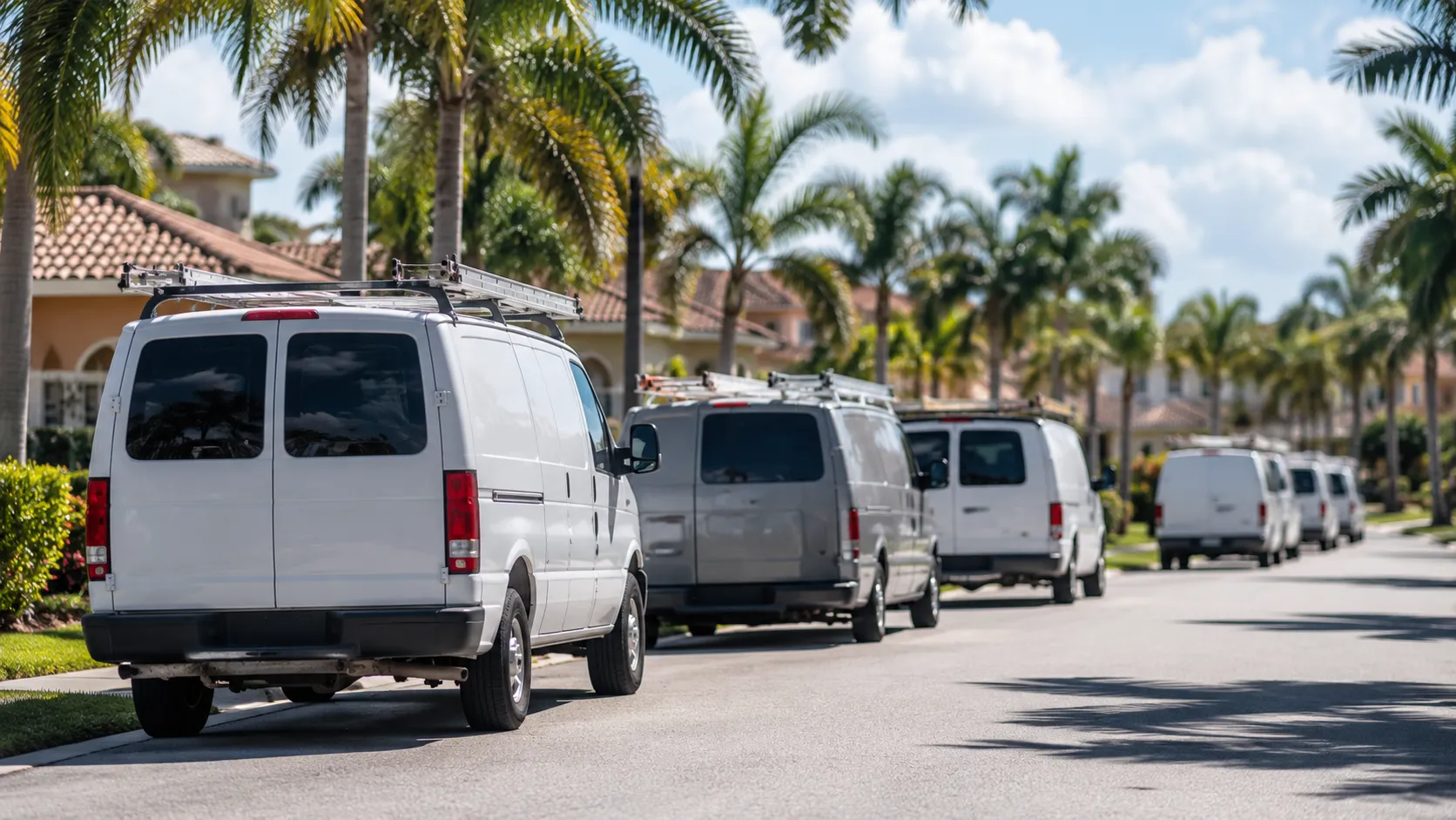 Line of white work vans parked along a residential street in Tampa, Florida, representing local
