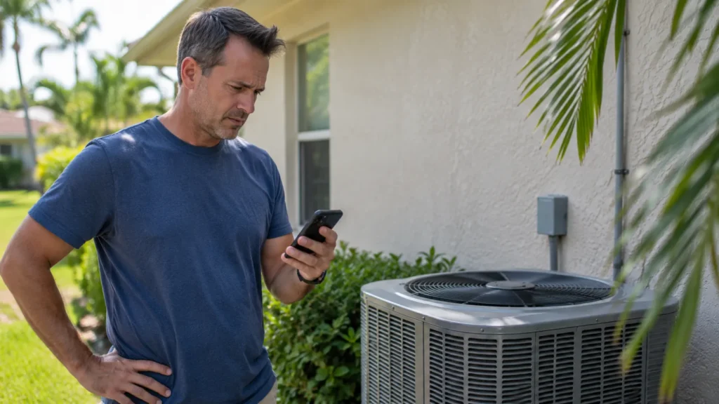 Man checking his smartphone while standing next to an outdoor HVAC unit, illustrating the importance