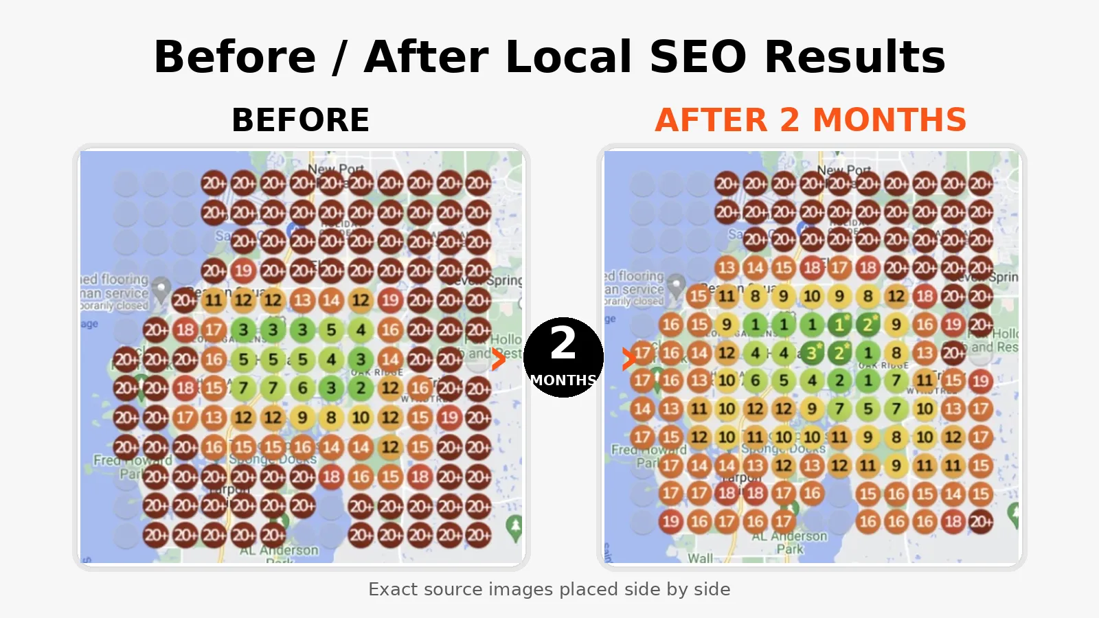 Before and after comparison of local SEO results, showing improved rankings in a Tampa area