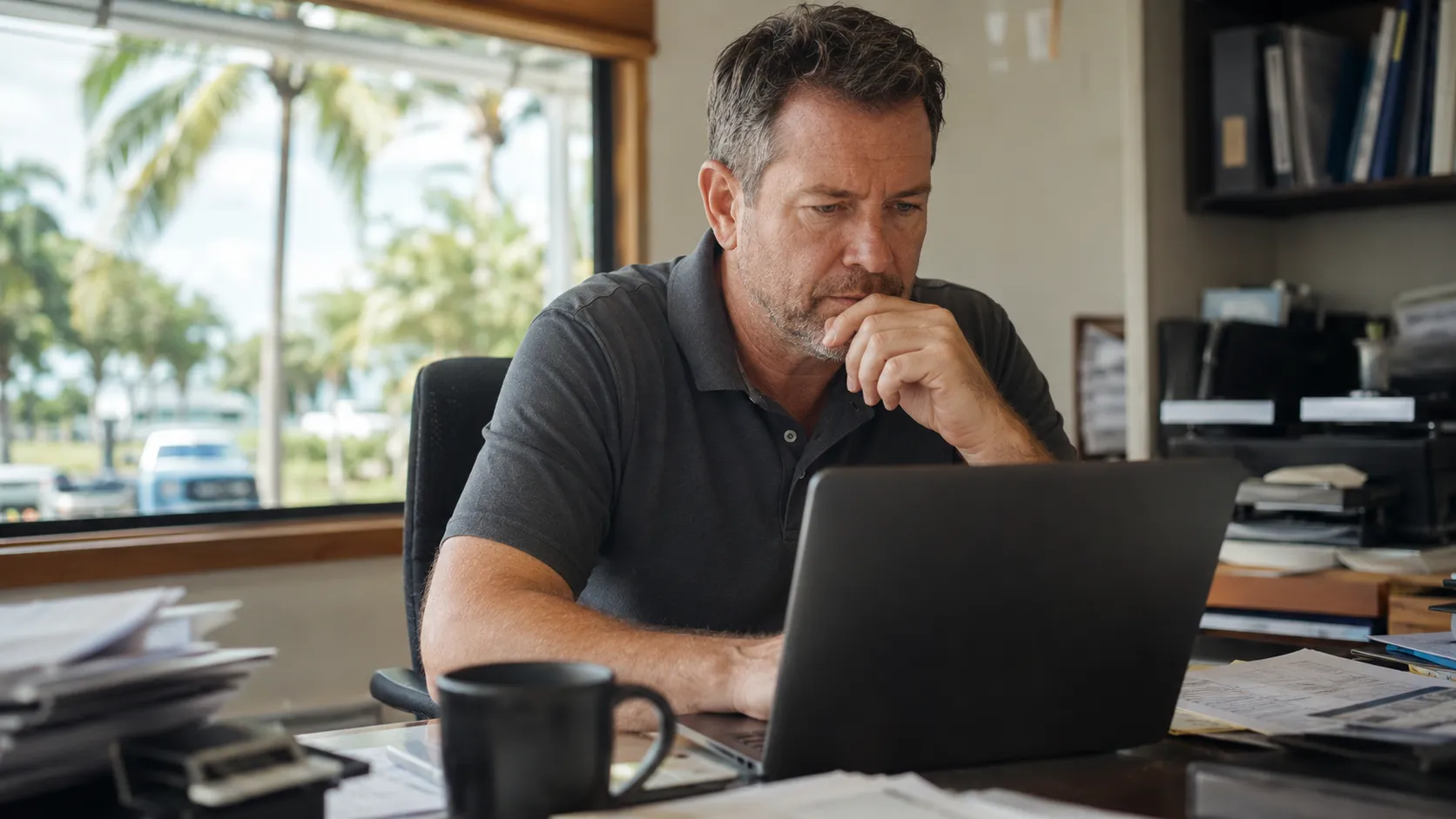 HVAC business owner thoughtfully reviewing Google Business Profile data on laptop, illustrating ongoing management