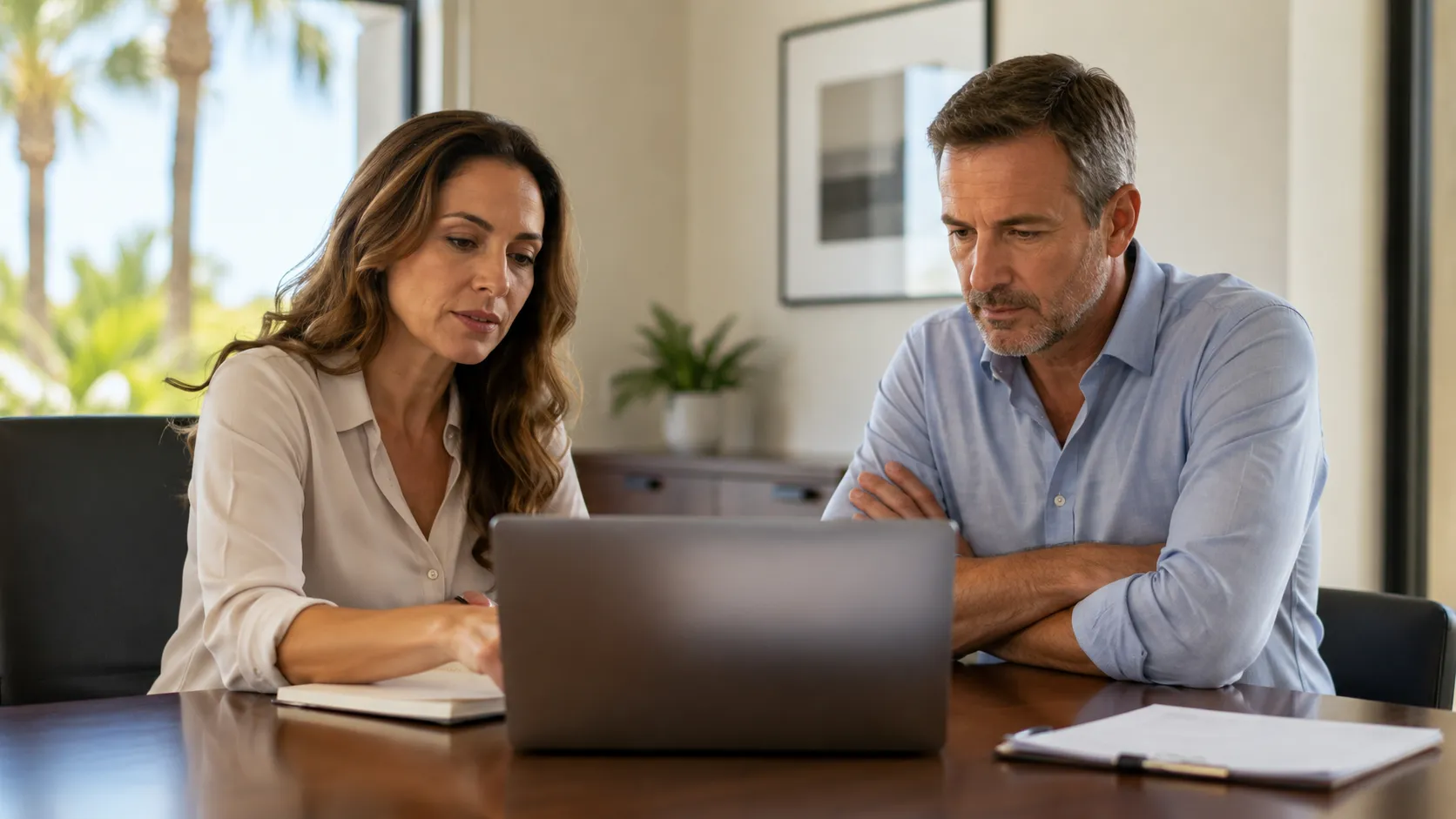 Two professionals discussing review software for HVAC companies while looking at a laptop