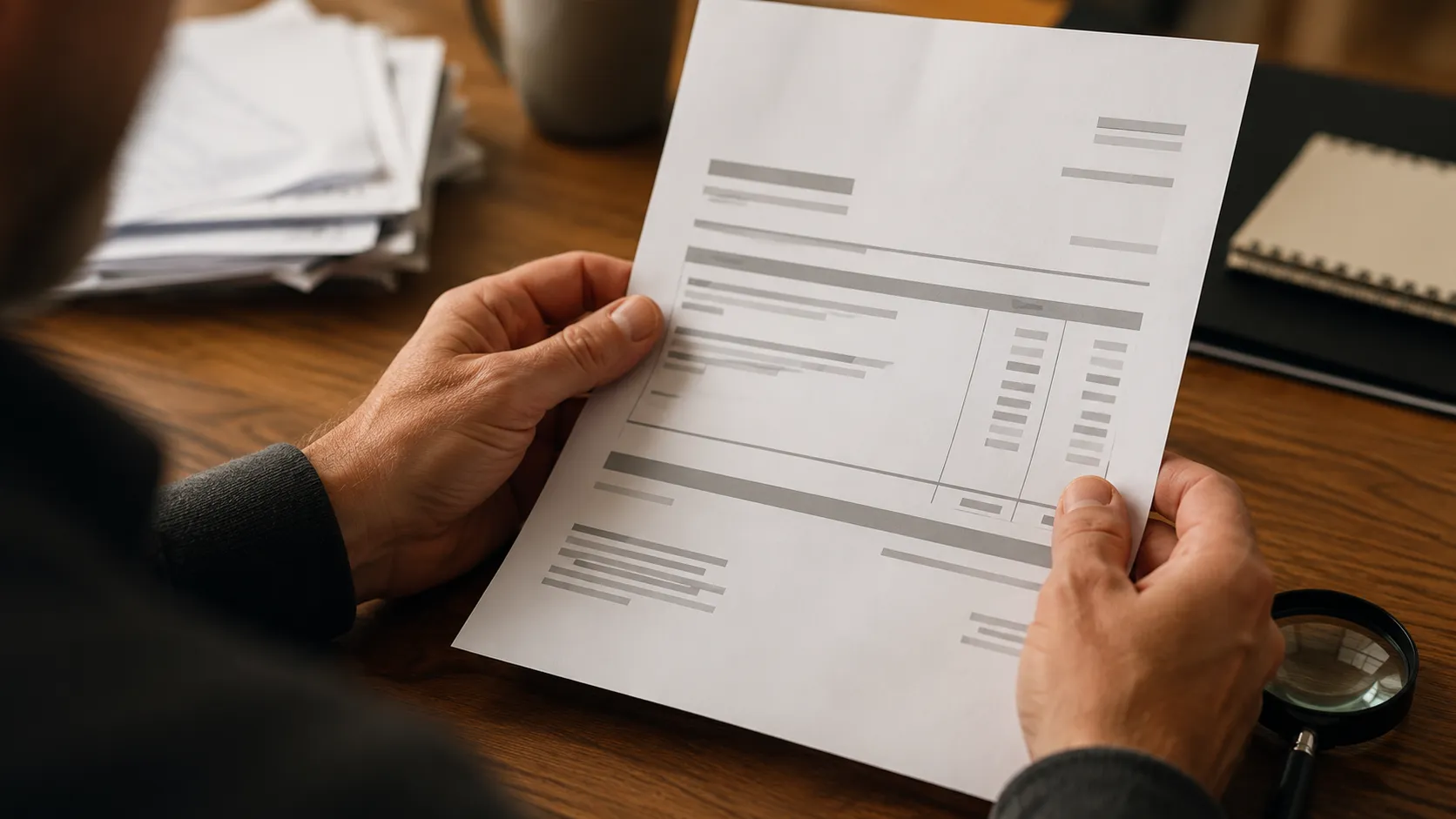 Person reviewing an invoice document, emphasizing the importance of understanding local SEO costs and hidden