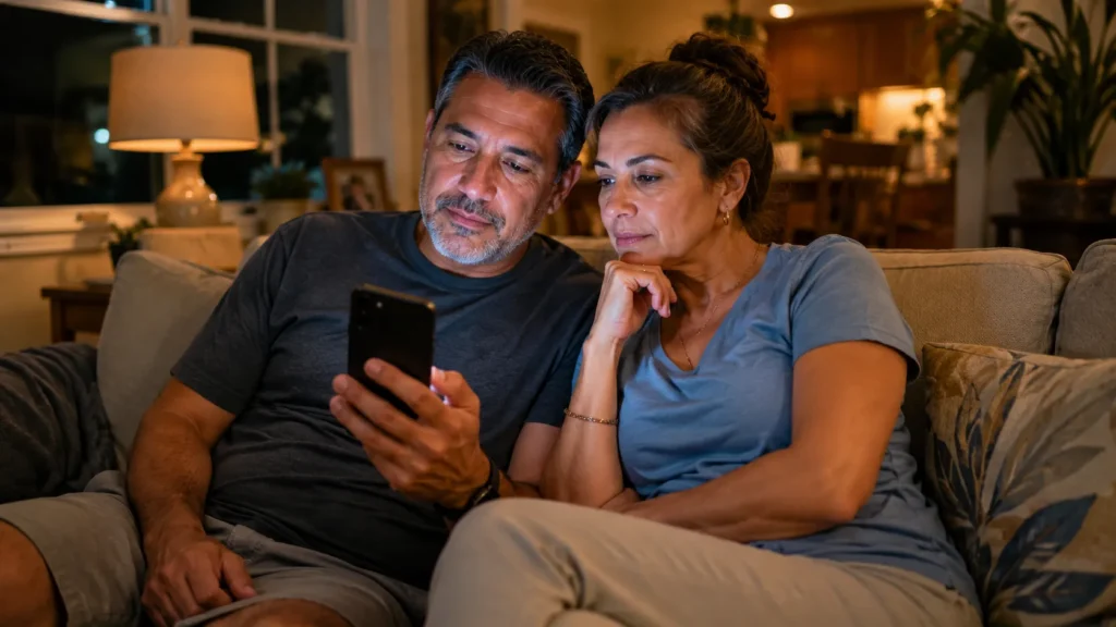 Couple sitting together on a couch, looking at a smartphone, illustrating the importance of customer