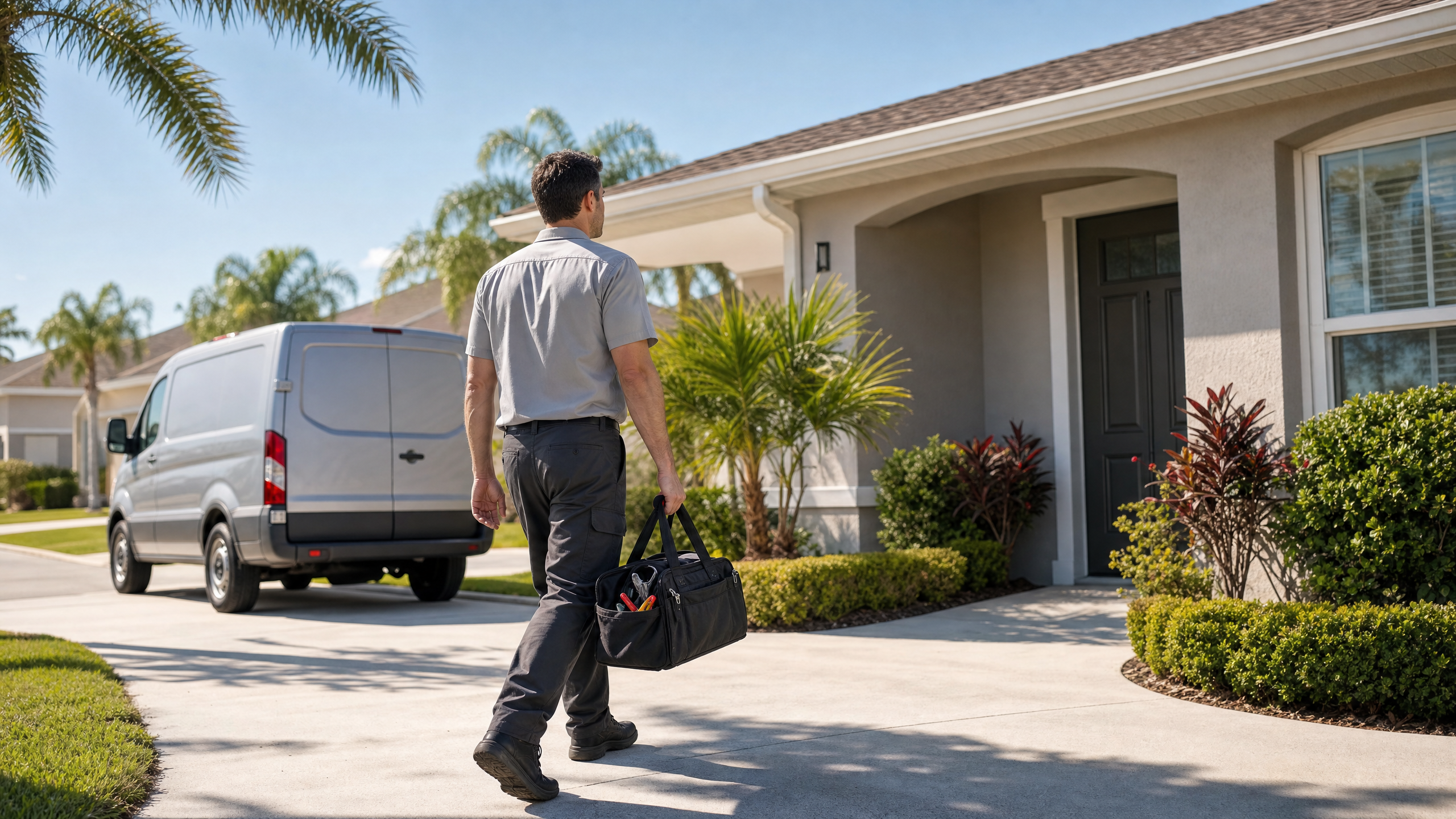 Home service contractor walking toward a house, representing lead generation and visibility for local businesses