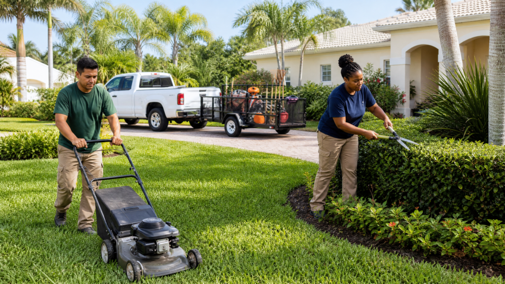 Landscaping professionals working in a Tampa Bay, Florida yard, mowing and trimming hedges, illustrating essential