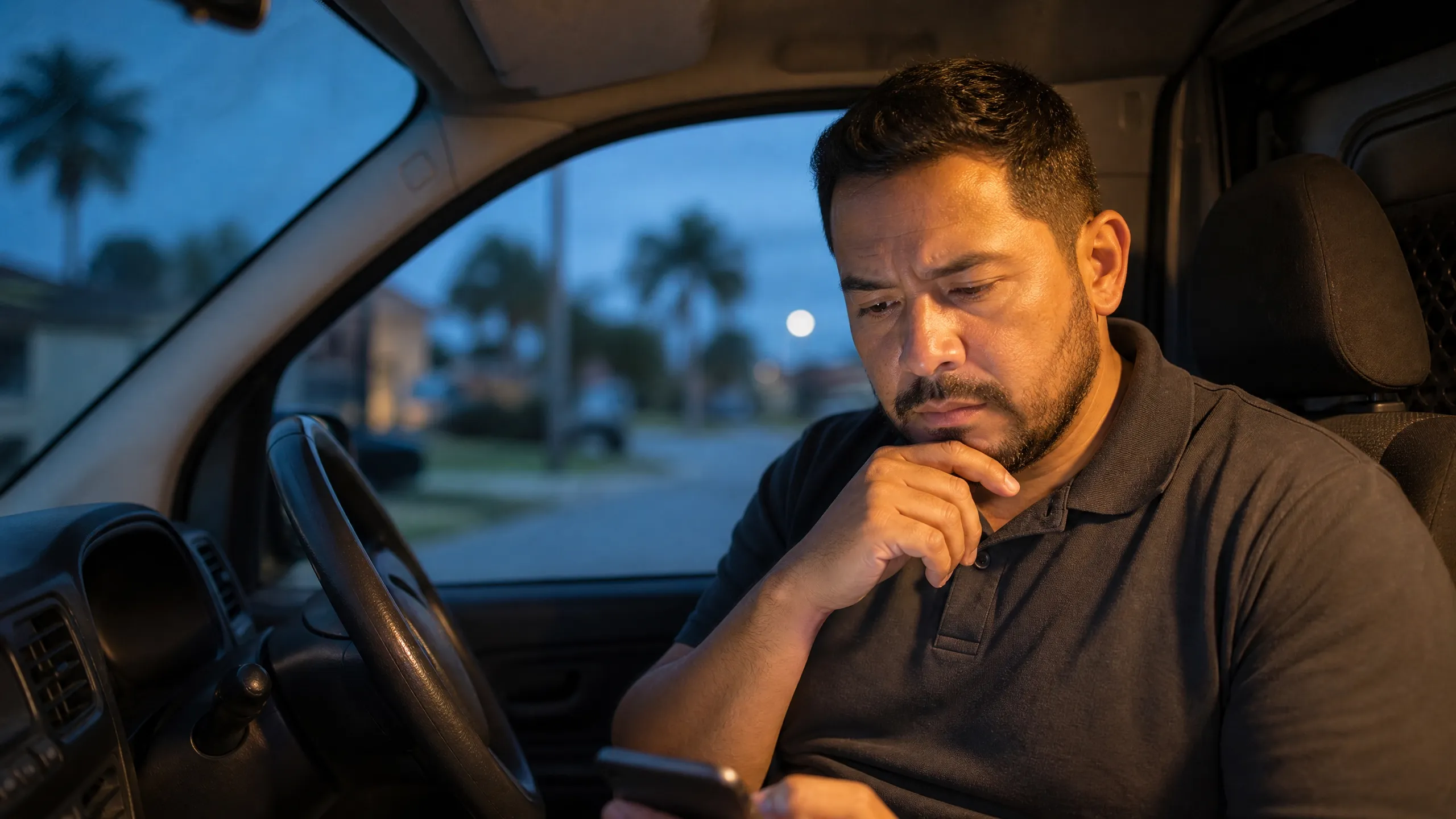 Concerned home service contractor looking at his phone in a vehicle, illustrating the risk