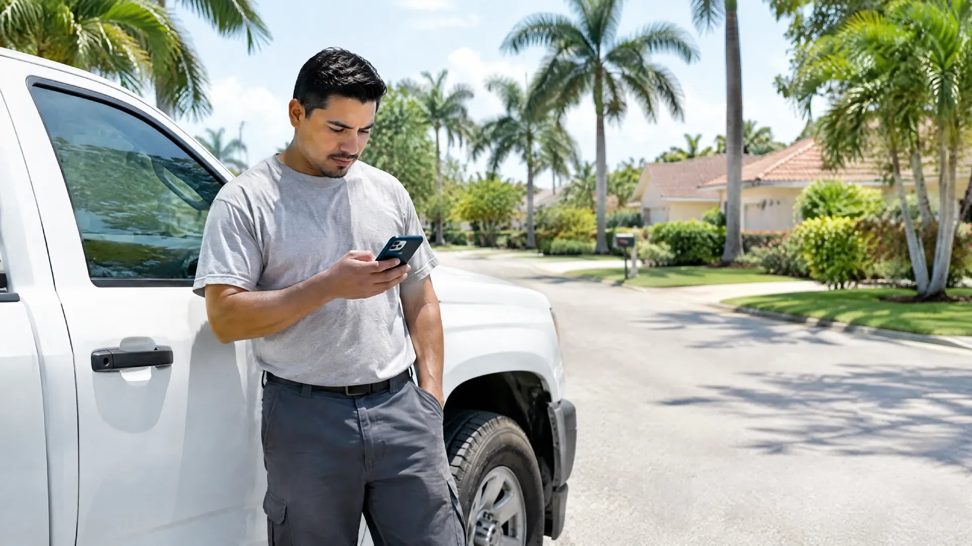 Técnico de aire acondicionado revisando su teléfono inteligente en una calle residencial, representando la necesidad