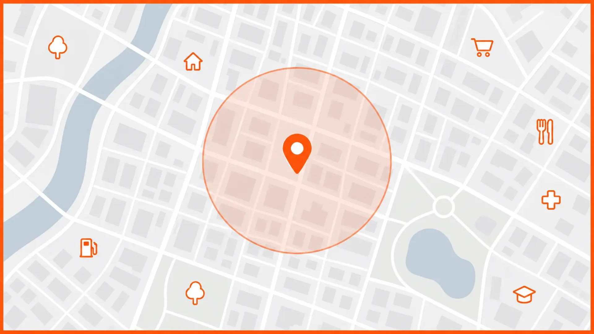 Gr&aacute;fico plano de un mapa con un pin y un c&iacute;rculo de &aacute;rea de servicio para un negocio de servicios para el hogar.