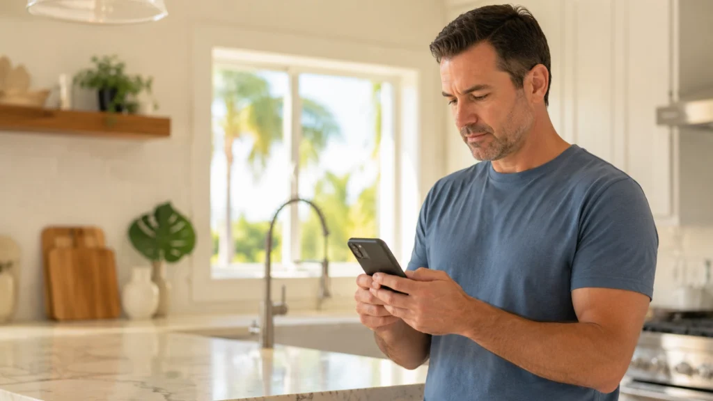 A Florida homeowner using a smartphone in a kitchen to search for a local HVAC