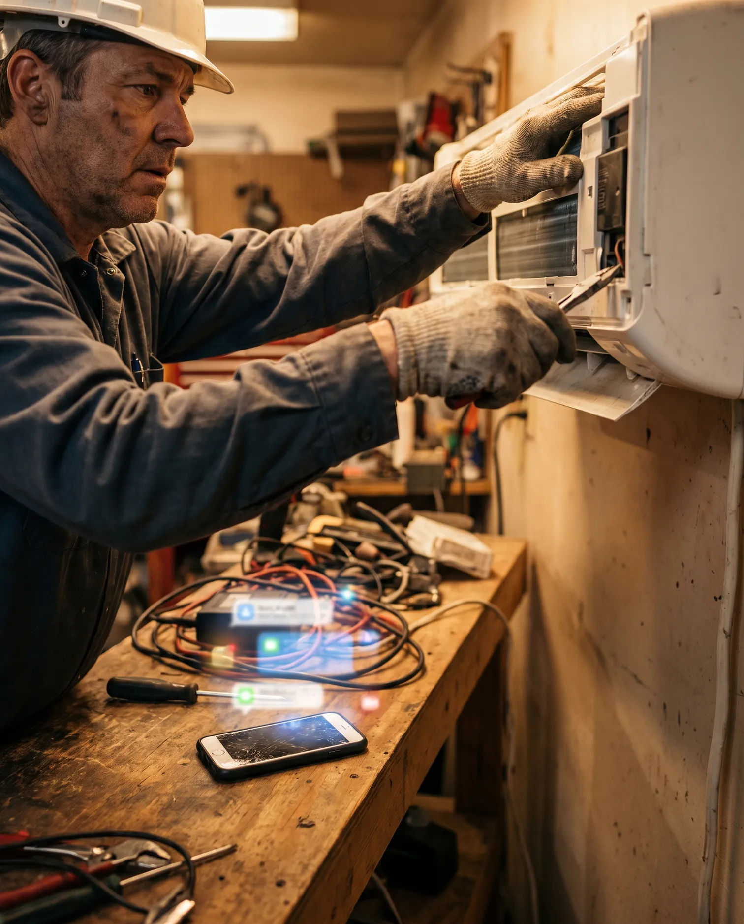 Técnico de HVAC trabajando en un sistema de aire acondicionado, ilustrando la necesidad de automatización