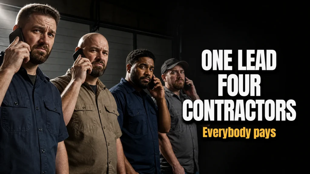 Four contractors holding phones, looking serious, with the text "One Lead Four Contractors Everybody pays"