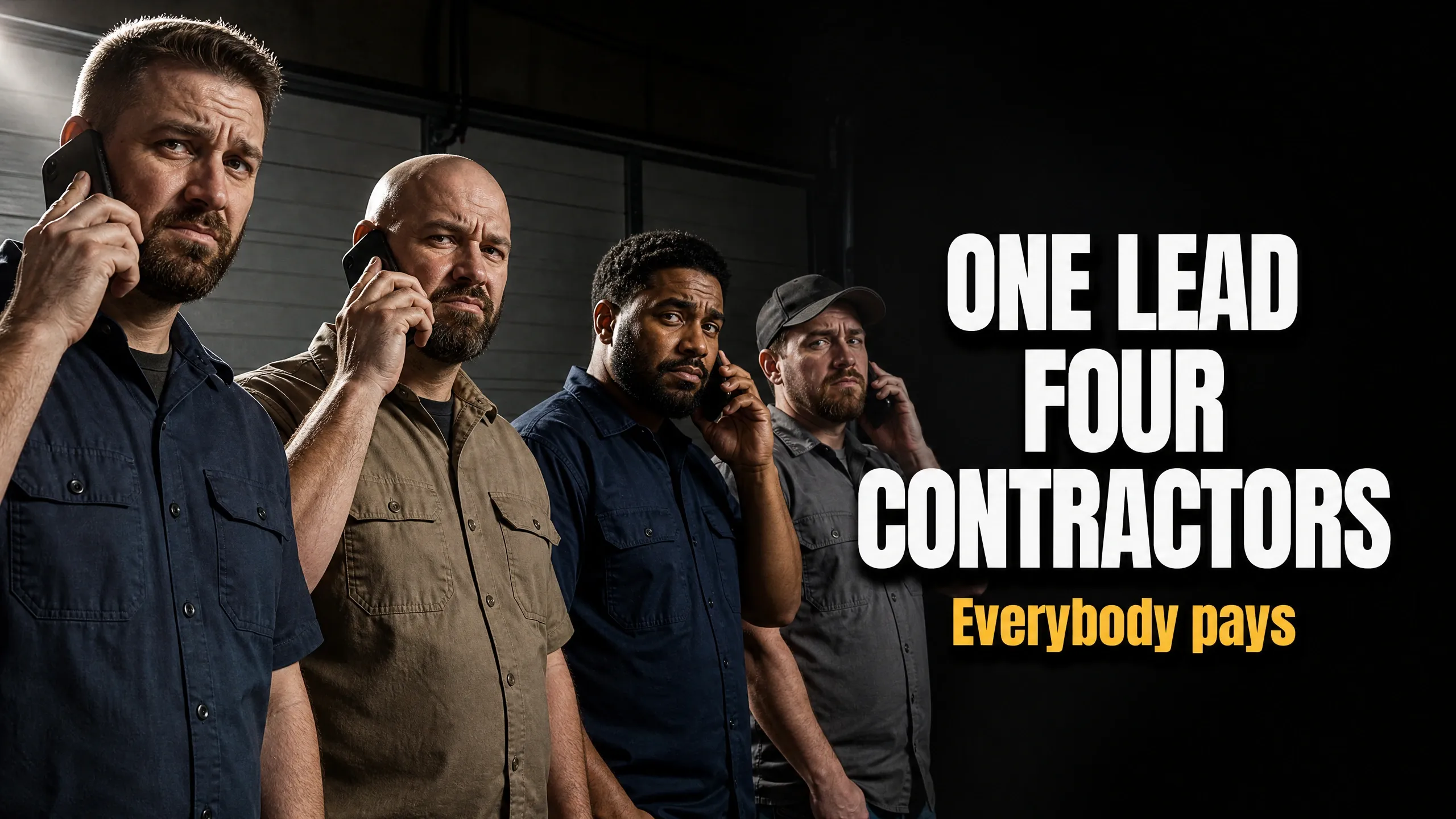 Four contractors holding phones, looking serious, with the text "One Lead Four Contractors Everybody pays"