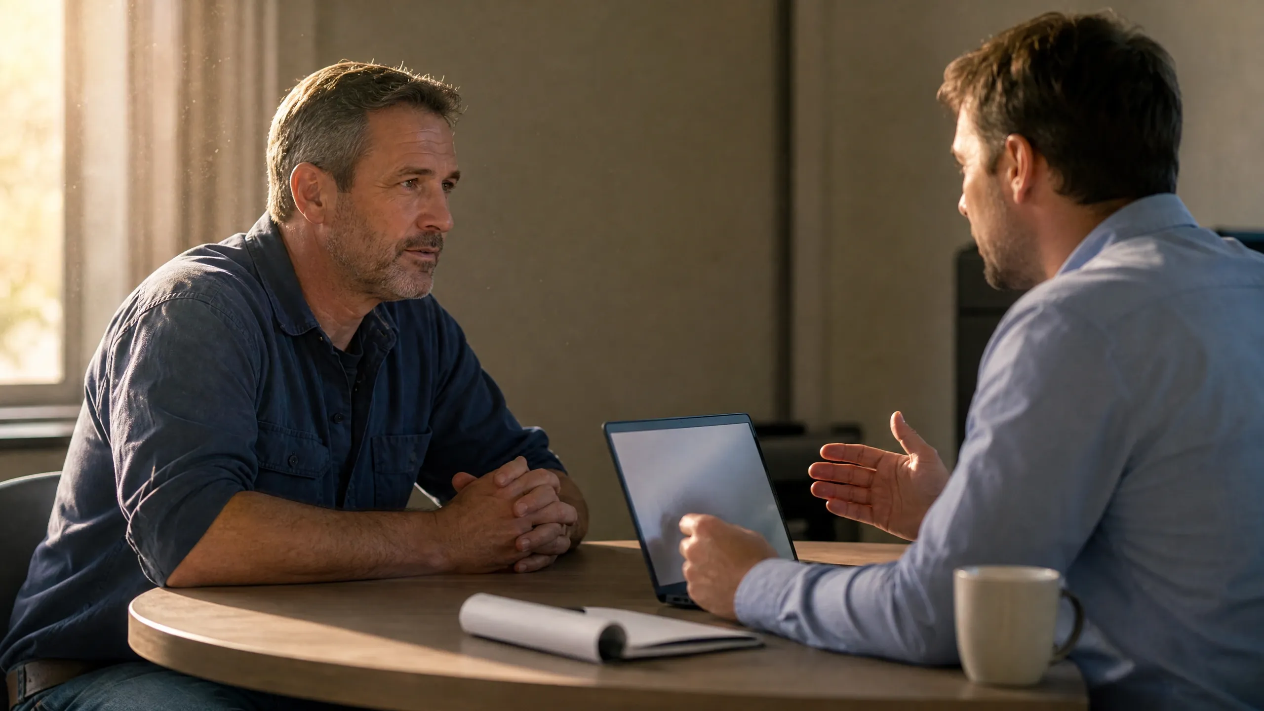 Two men engaged in a business discussion at a table, with one gesturing