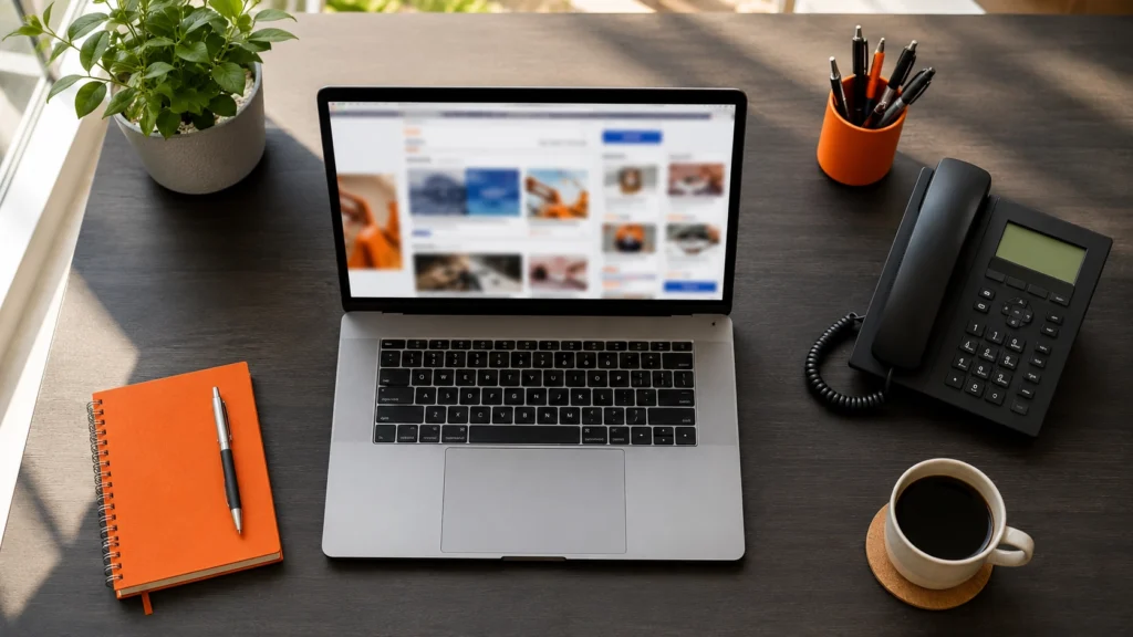 Laptop on a desk displaying a website with visitor traffic data, surrounded by a notepad