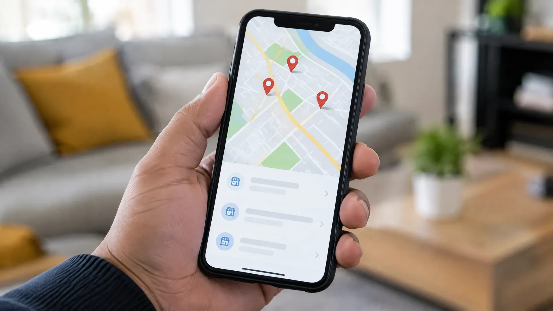 Mano sosteniendo un teléfono inteligente mostrando un mapa con marcadores de ubicación, ilustrando la importancia