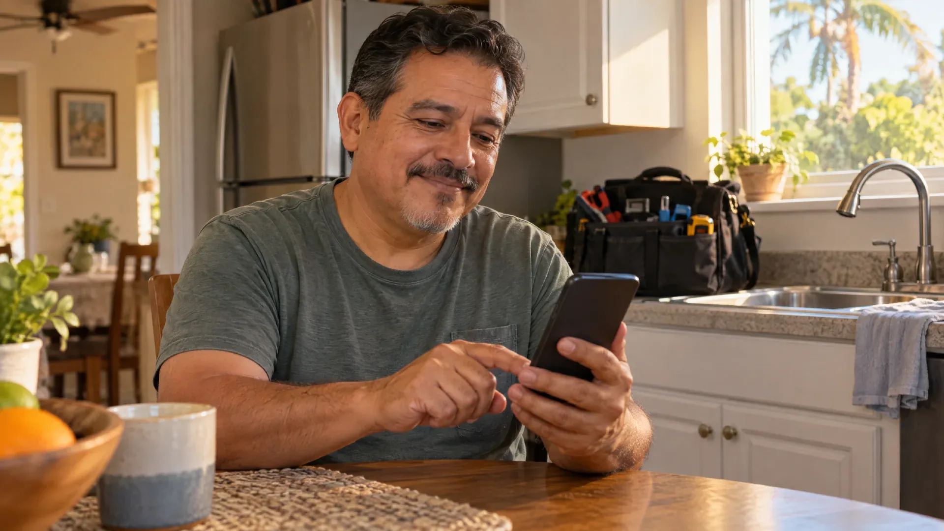 Cliente hispano dejando una rese&ntilde;a de cinco estrellas en su celular despu&eacute;s de un trabajo de plomer&iacute;a en su casa.