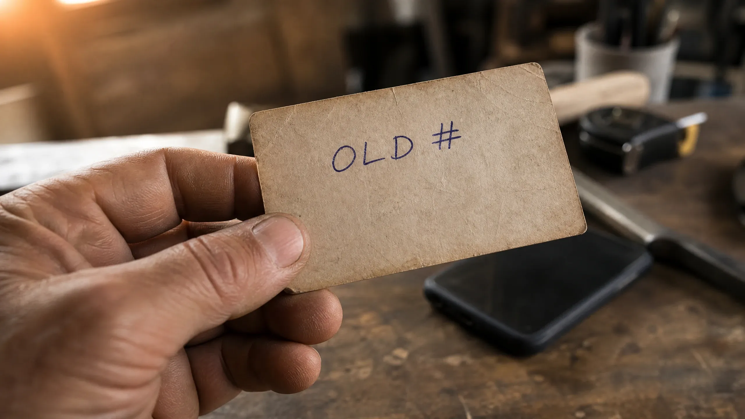 Hand holding a card with an "old #" marking, illustrating the issue of outdated phone