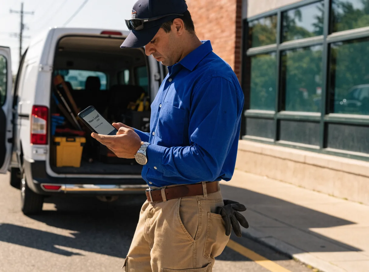 Técnico de servicios revisando su teléfono móvil frente a una furgoneta de trabajo, representando la