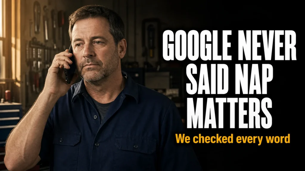 Contractor on phone in a workshop, illustrating the importance of NAP consistency for local SEO