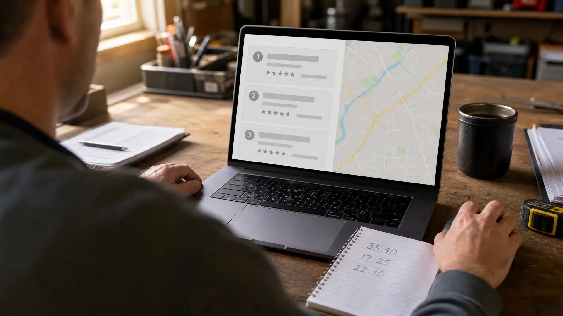 Man analyzing Google review data on laptop screen, illustrating a strategy to close the gap