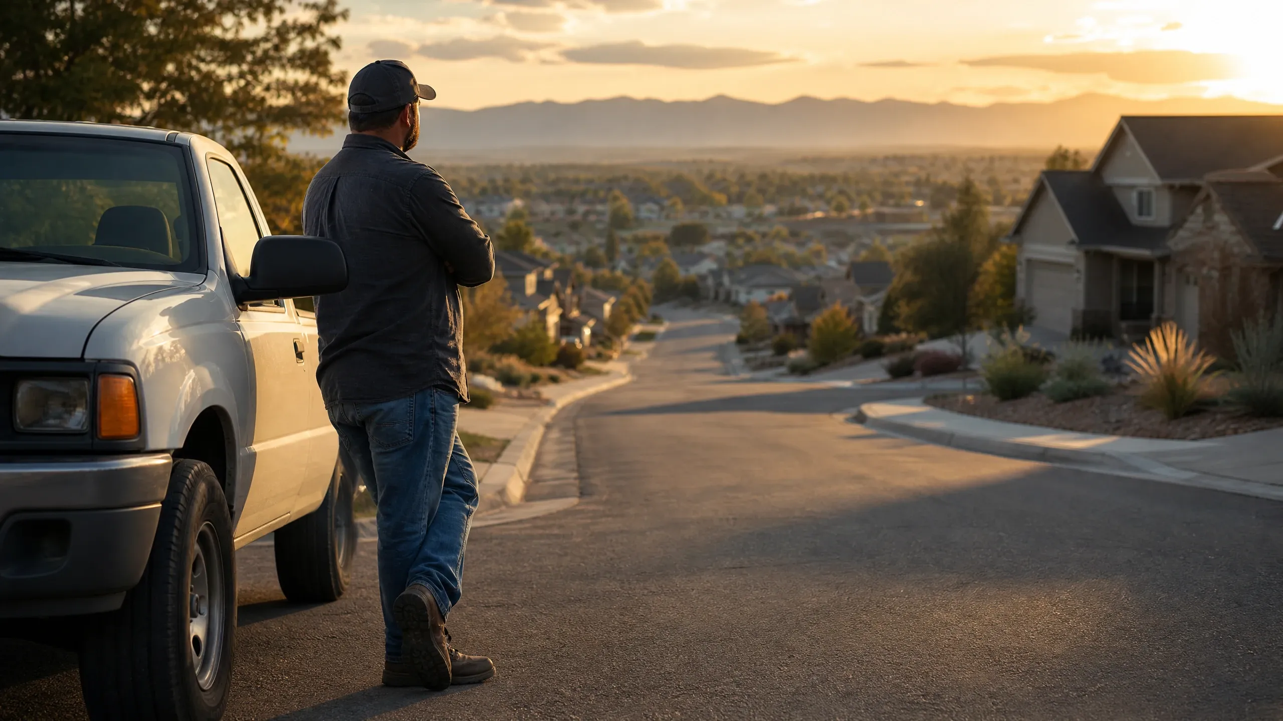 Contractor standing near a pickup truck overlooking a residential neighborhood, illustrating the importance of local