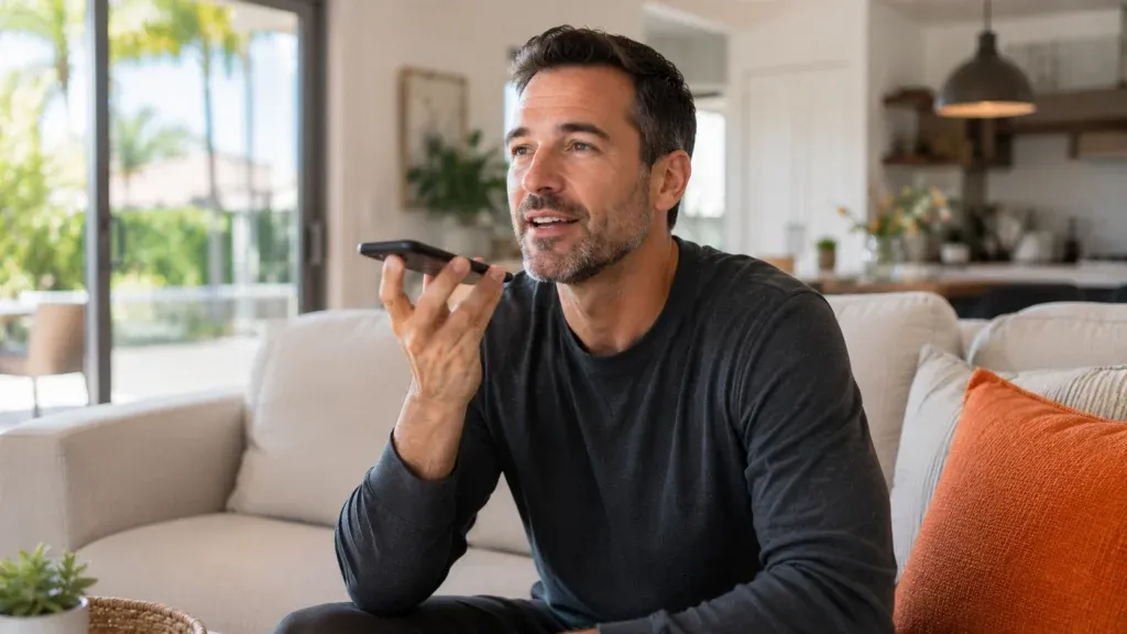 Man speaking into smartphone, illustrating how AI search and local SEO can connect HVAC contractors