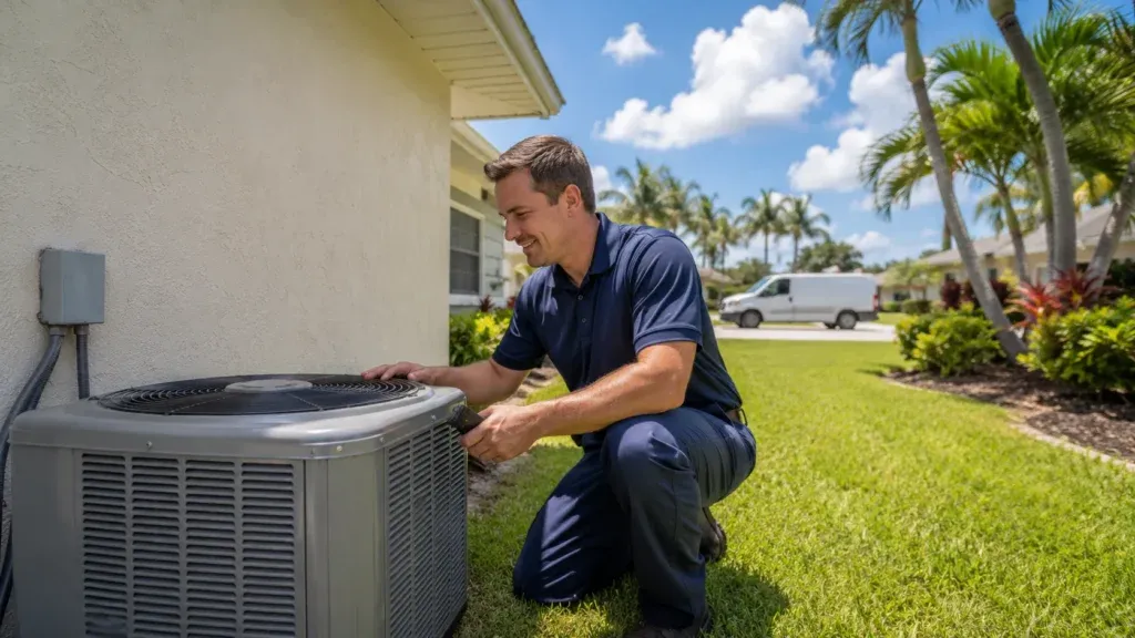 HVAC technician inspecting an air conditioning unit outside a residential home in Tampa Bay, highlighting