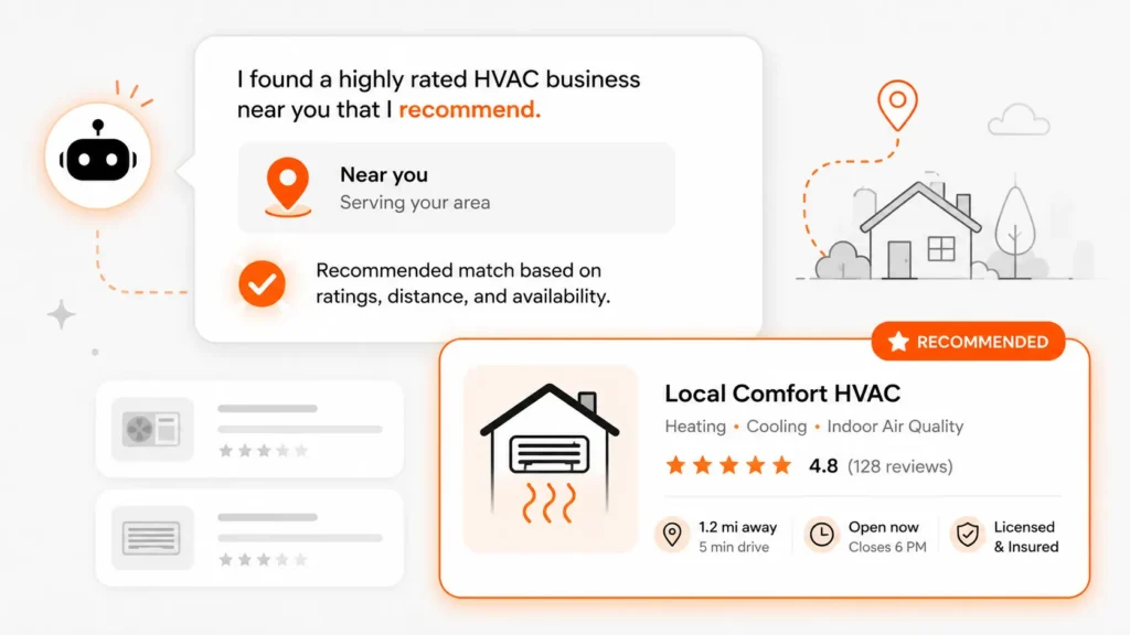 AI recommendation interface showcasing a highly rated HVAC business, emphasizing local service, ratings, and availability