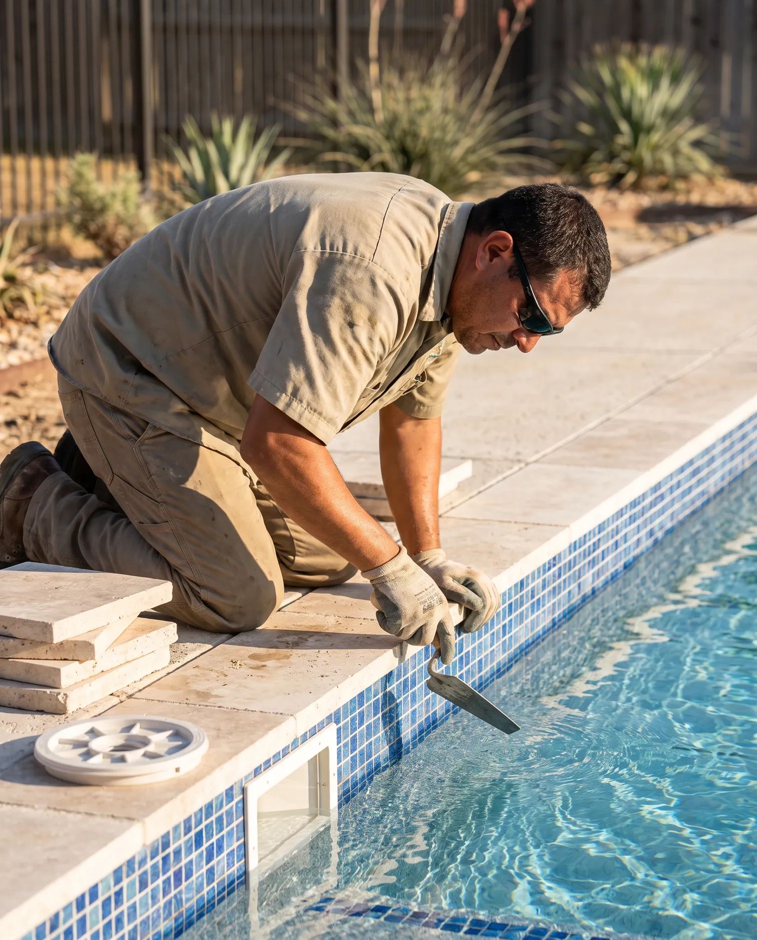 Contratista de piscinas revisando la línea de azulejos de una piscina recién construida, asegurando la