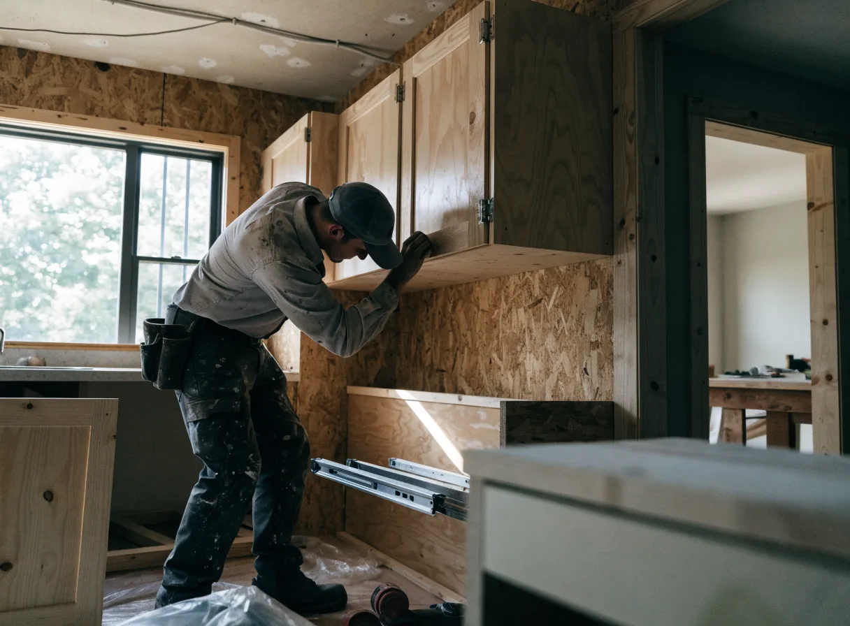 Un contratista instala gabinetes de madera sin pintar en una cocina en remodelación, mostrando el