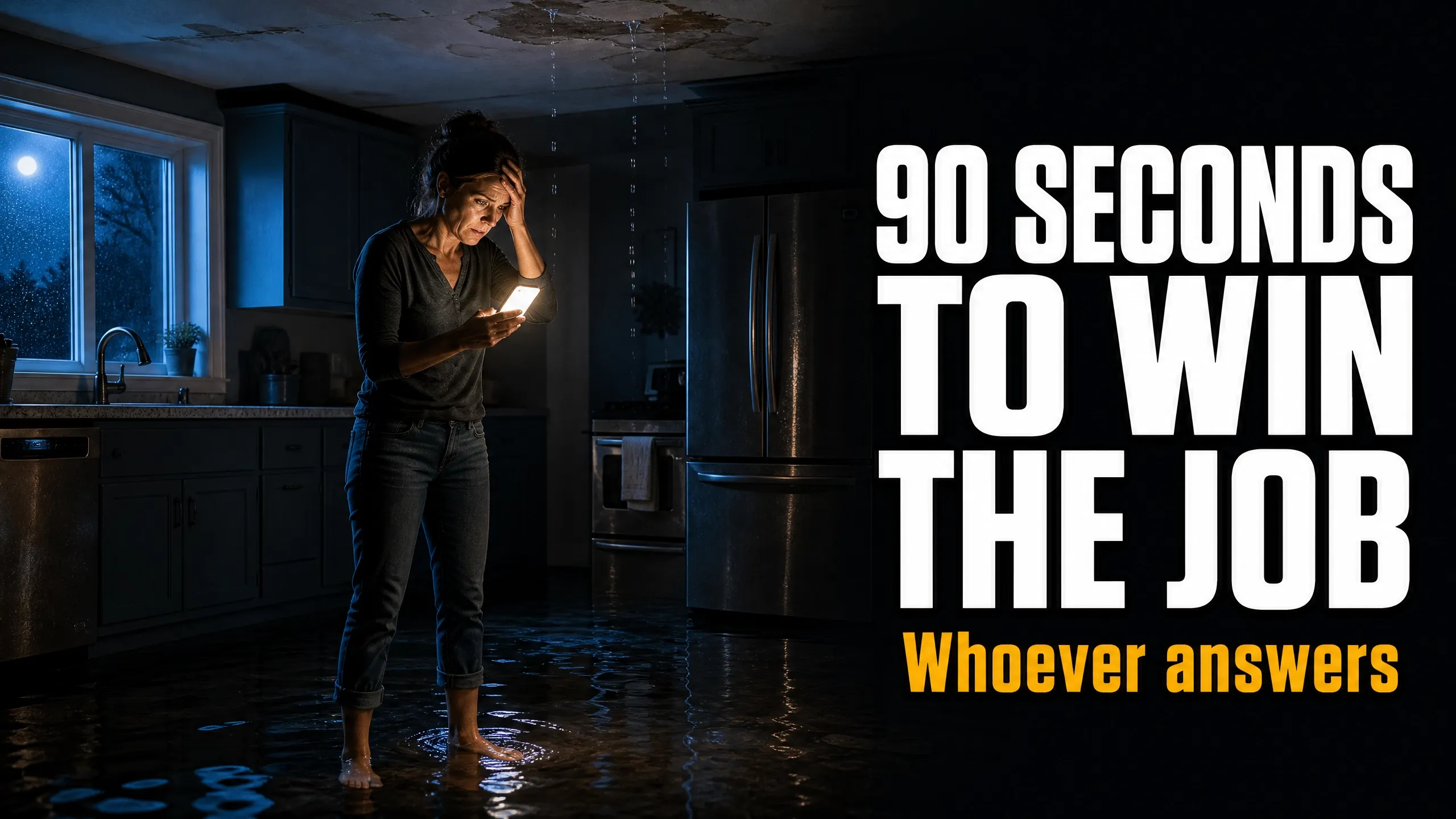 Woman standing in flooded kitchen, looking at her phone, illustrating the 90 seconds to win