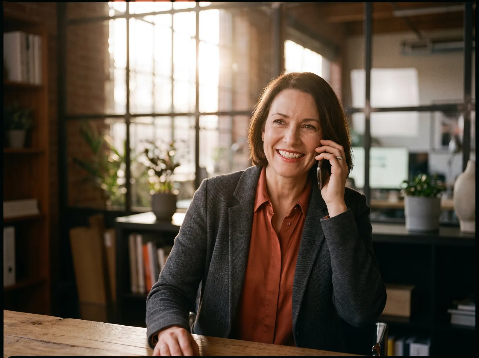 Dueño de negocio sonriendo mientras habla por teléfono, representando el seguimiento de clientes para servicios